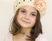 Girl Beret - Wool Beret - Girl Winter Hat - Fall Hat - Cream Teatime Beret with Flower Clip