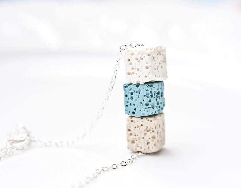 Necklace Lava Stone Cube Silver White Baby Blue Beige Modern Geometric Jewelry urban minimalist free shipping tbteam rusteam