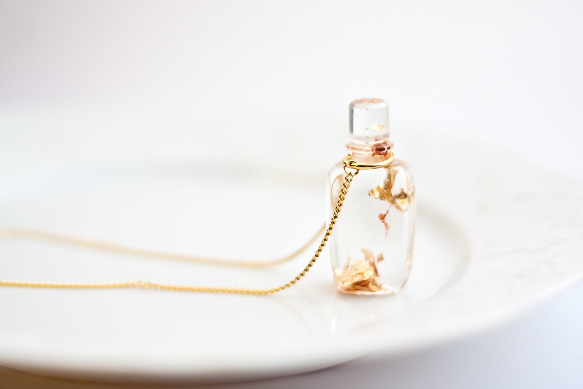Resin Pendant Perfume Bottle with Gold Flakes Gold Chain Necklace Vintage French perfume resin jewelry OOAK rusteam