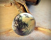 Vintage Locket Necklace - Flock of Birds - Vintage Bird Illustration - Elegant Woodland Birds and Bare Tree Jewelery