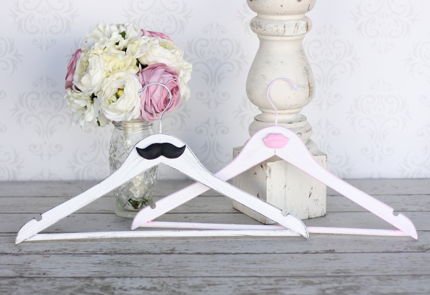 Mustache Bride and Groom Wedding Hangers Shabby Chic Decor (item P20002)