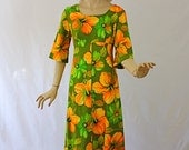 Vintage 70s Hawaiian Maxi Dress Ui-Maikai Green Orange Floral Print Long Cotton Dress