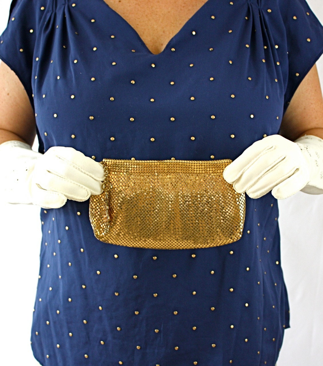 Vintage 40s Whiting Davis Formal Purse Gold Mesh Clutch w Mirror