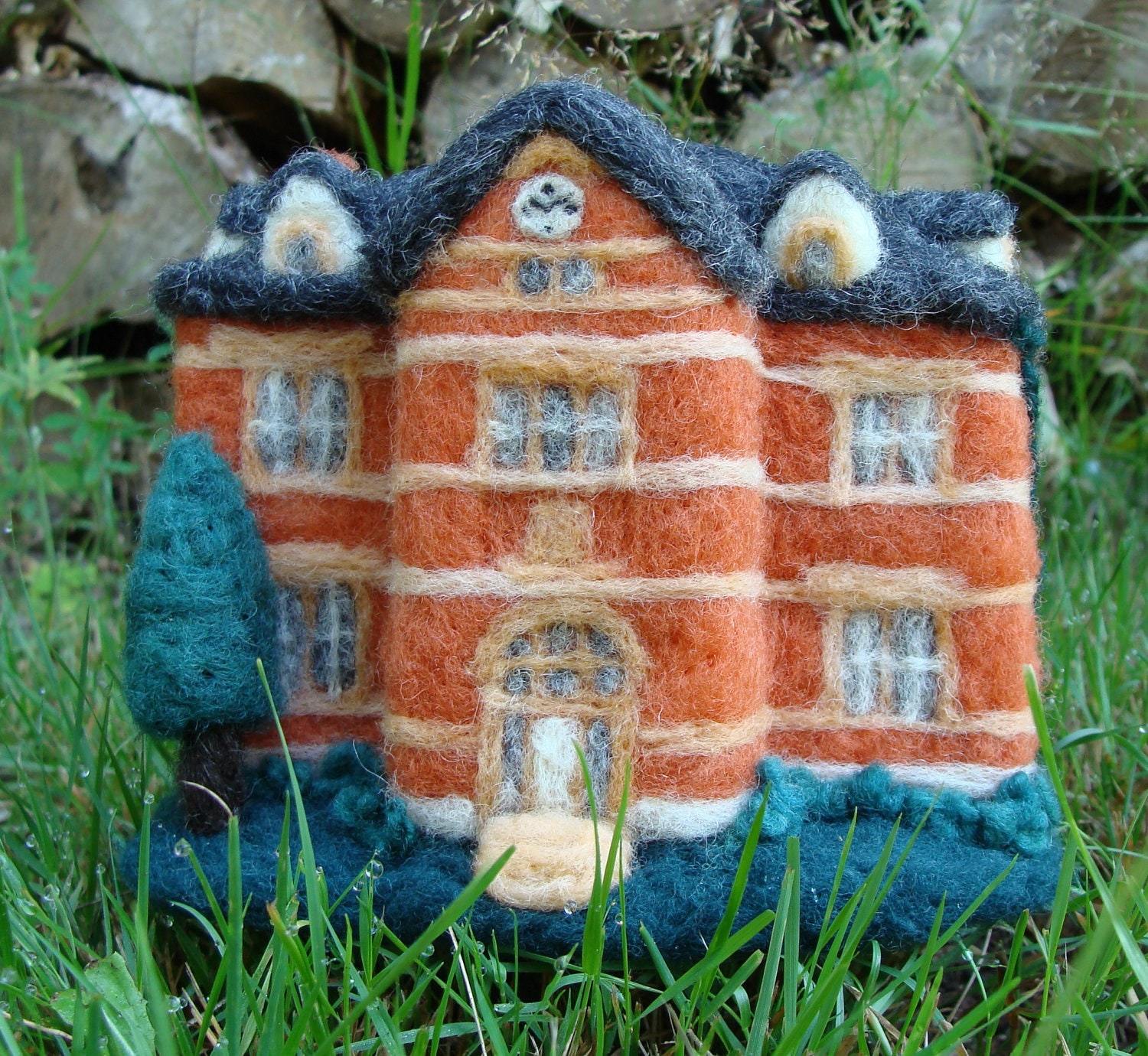Needle Felted Red Brick Building - Needlefelted One-of-a-kind Soft Sculpture Town Hall by McBride House