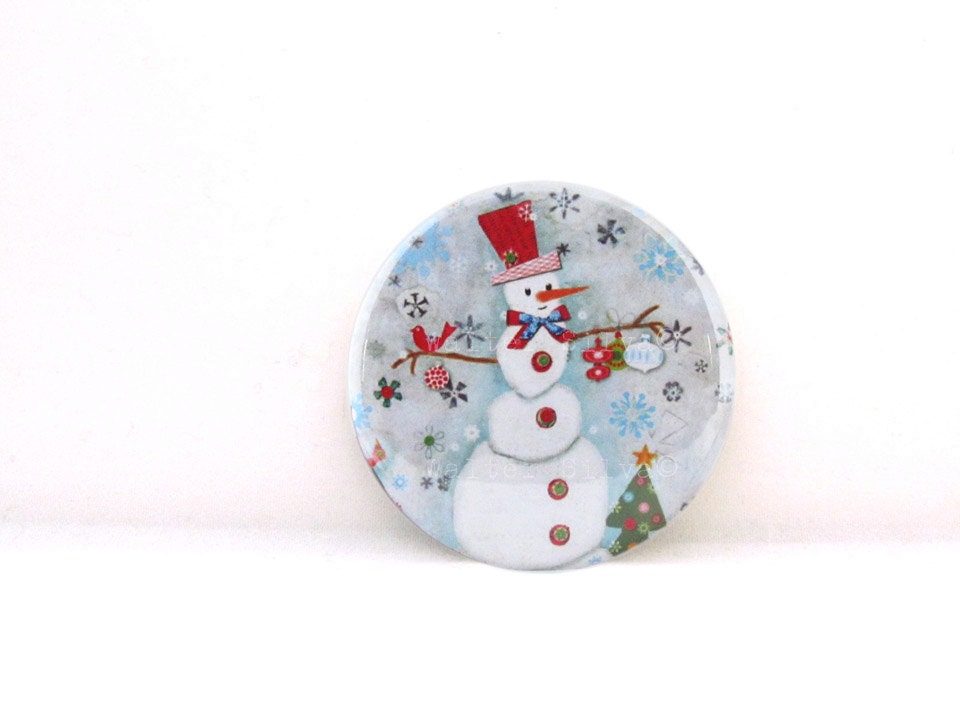 Snow Man Round Magnet -  Holiday Refrigerator Magnet, Pin Back Button or Pocket Mirror