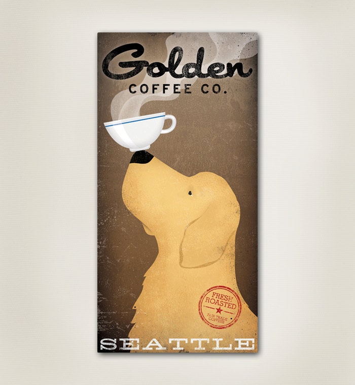 GOLDEN RETRIEVER Coffee Company graphic art Canvas Wall Art 8x16x1.5 inches Signed