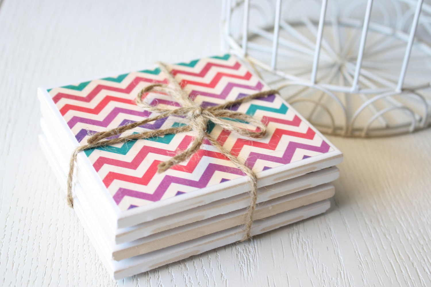 Colorful Chevron Print Tile Coaster Set