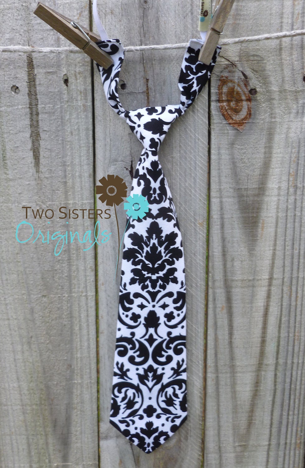 Boys Necktie -  Infant/Toddler/Child - Black Damask on White
