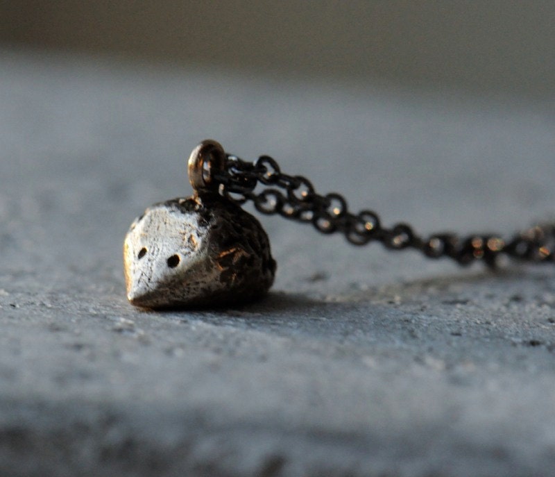 Tiny hedgehog pendant in bronze with gunmetal brass cable chain