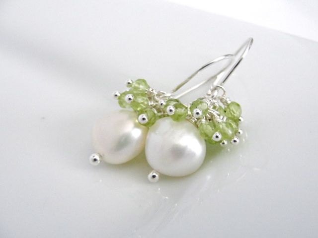 August Birthday: Peridot, Earrings, Sterling Silver, Designer, Birthstone, Pearl, Gemstone, Clusters, Dangle, Jewelry  0091