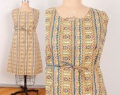 1960s Shift Dress / Graphic Print Cotton Handmade Dress - Womens XL - White Red Royal Blue Mustard Yellow Black Abstract Pattern Day Dress