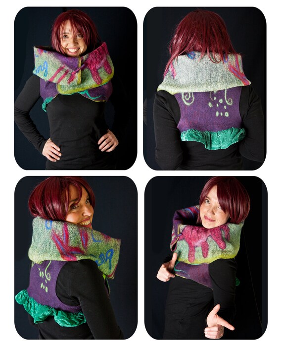 Fairy masterpiece nuno felt vest,  high fashion bolero, convertible shrug veste bolero,  pink cat , green,  purple,  stripes , ooak S to M