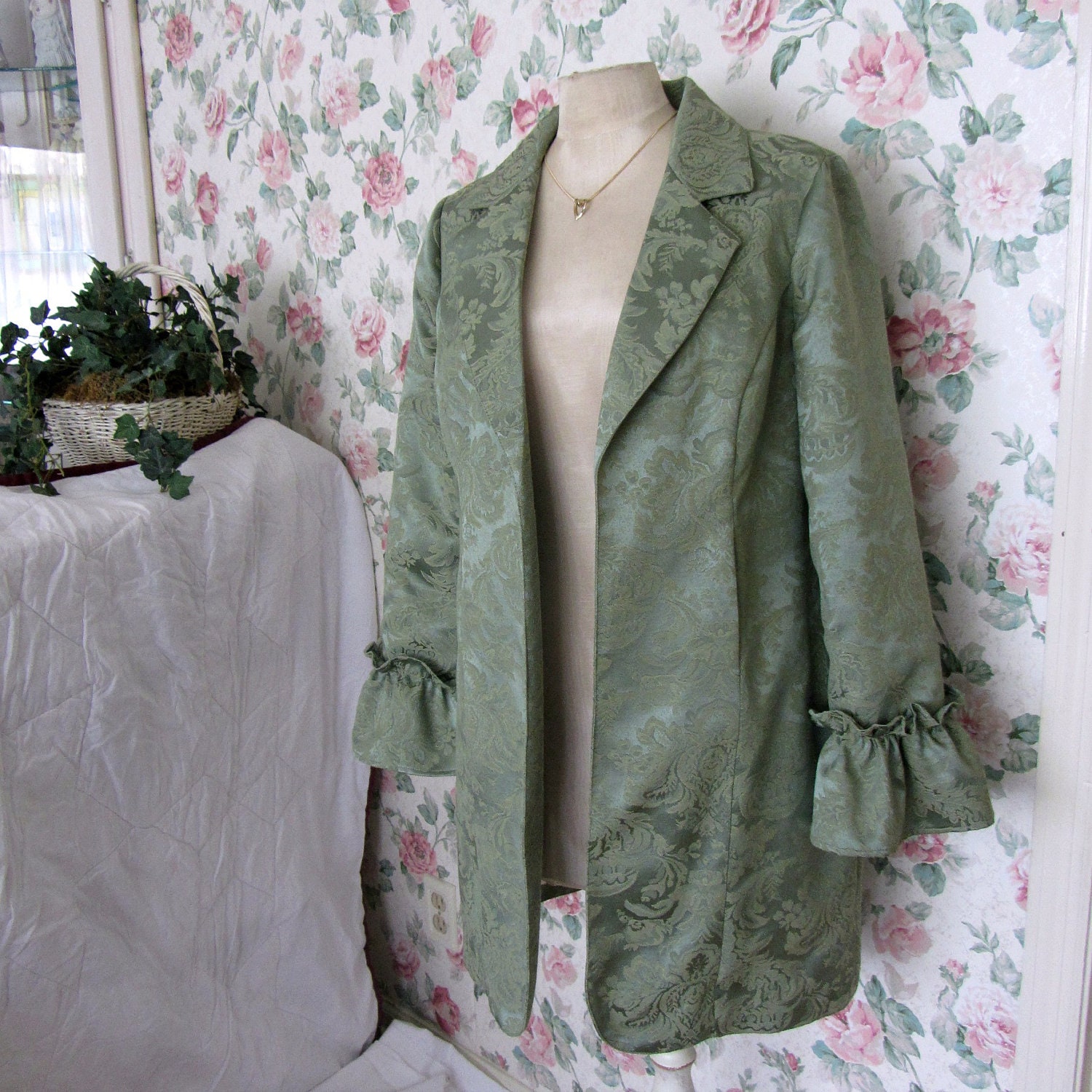Sage Green Damask Coat Shabby Chic Jacket Renaissance Coat Womens Fitted Jacket OOAK Clothing