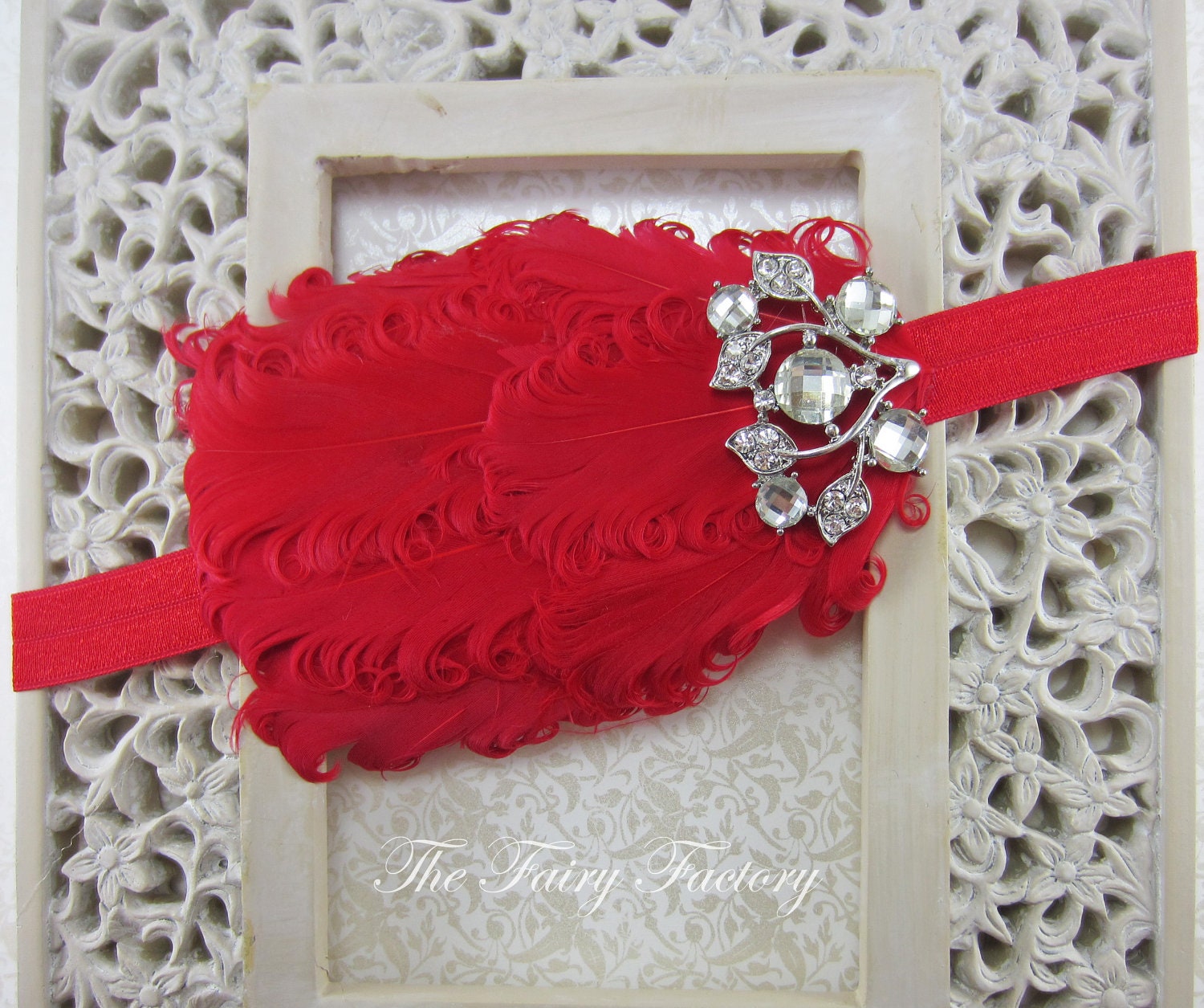 Red Feather Headband - Red Curled Feather Headband w/ Large Crystal Accent, Valentine's Day Headband, Baby Child Girls Headband Adult