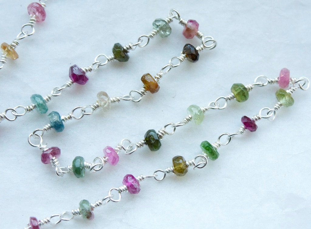 3 feet ,Watermelon Tourmaline Sterling Chain , Gemstone chain hand made