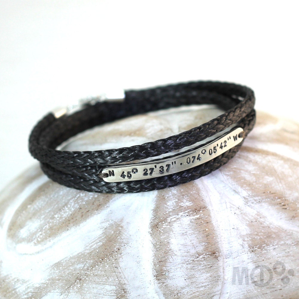 3 turns spectra bracelet, 5mm wide silver plate with longitude latitude engraved