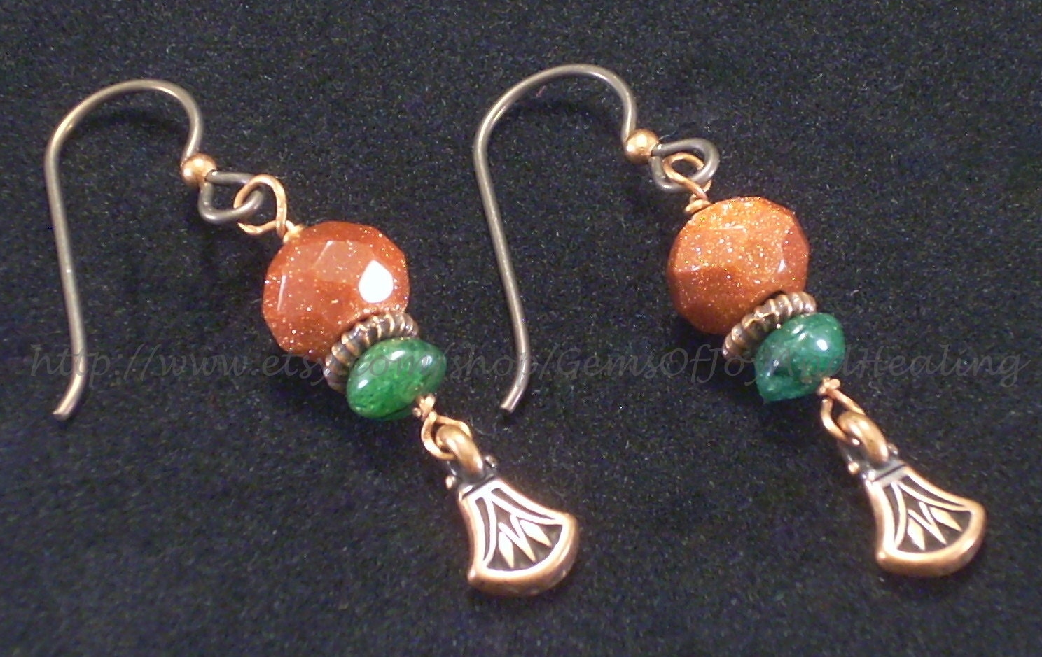 Goldstone and Jade Copper Earrings