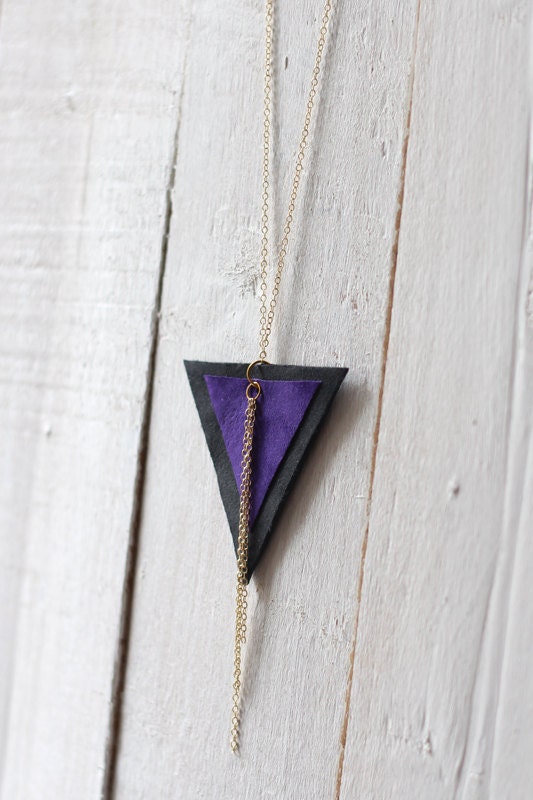 Leather reversed triangle necklace - black & purple