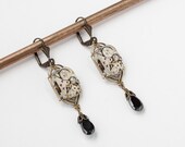 Steampunk Earrings dangle drop vintage silver watch movements gears gold filigree black crystal Neo Victorian jewelry Steampunk Nation 1833
