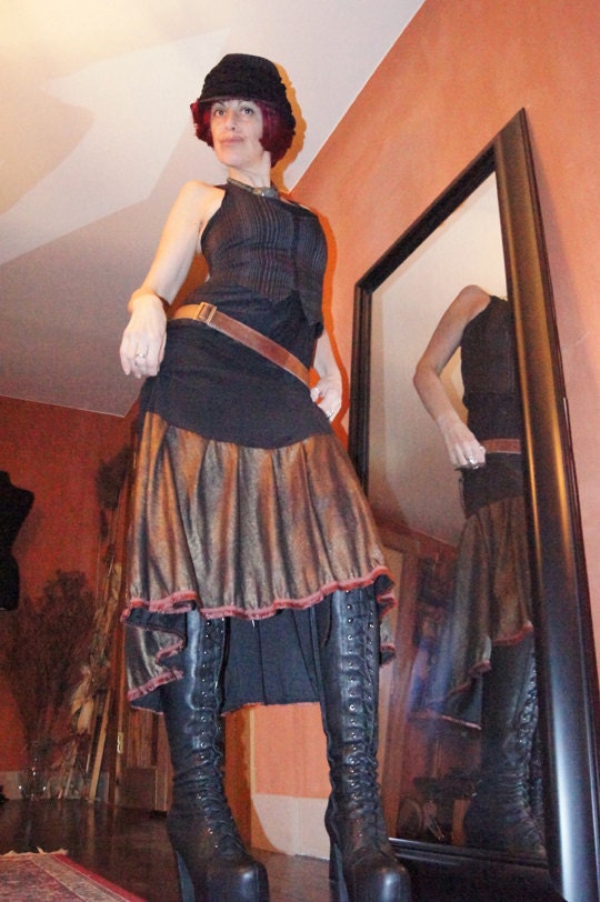 Black Steampunk Tribal Skirt - Dark Gothic Skirt - Lolita Gypsy Skirt - Victorian Black Fashion - Antique Gold - Size Large