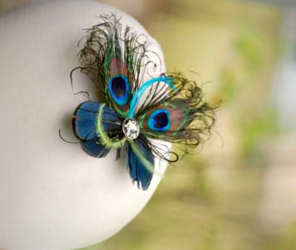 MINI Peacock Feather Butterfly Fascinator COMB / Pin. Summer Holidays Accessory, Fashionista Bride Flower Girl. Iridescent Golden Statement