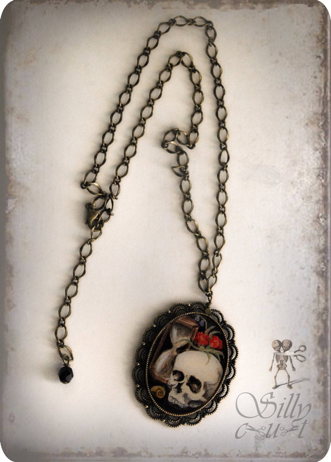 necklace - wearable art, vanitas still life, skull, handpainted, gothic, mourning, momento mori, victorian, ooak