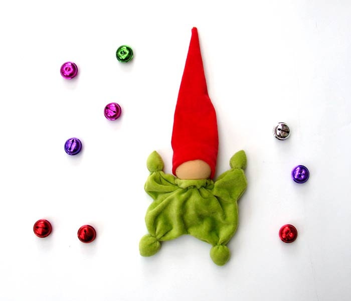 Teething waldorf christmas elf doll toy for baby custom made. here is red and green eco friendly gifts for kids