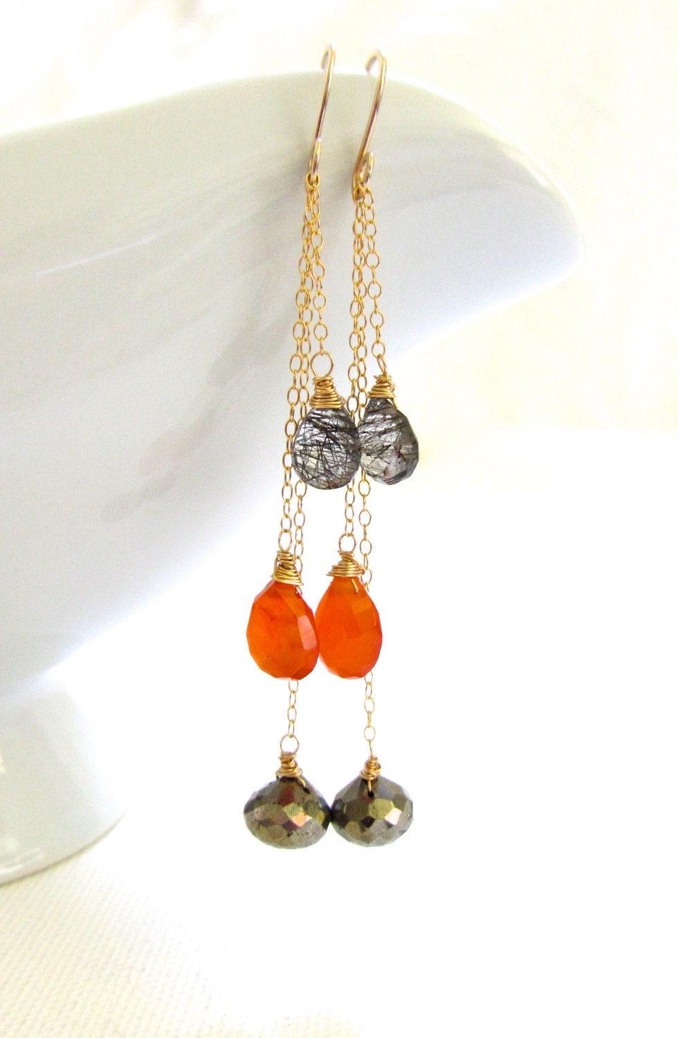Autumn Gemstone Earrings, Orange Carnelian, Pyrite, Black Rutilated Quartz, 14k Gold, Teardrop Dangle, Wire Wrapped Handmade Jewelry