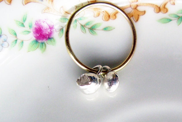 Summer Seed. Simple and Sophisticate 14K Gold Ring with Fine Silver Nugget Charm - Organic One Of A Kind Piece - Made to Order