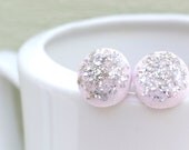 Silver Button Earrings, Small Silver Studs, Pink and Silver Glitter Earrings, Fabric Covered Button Studs, Surgical Stainless Steel Earrings