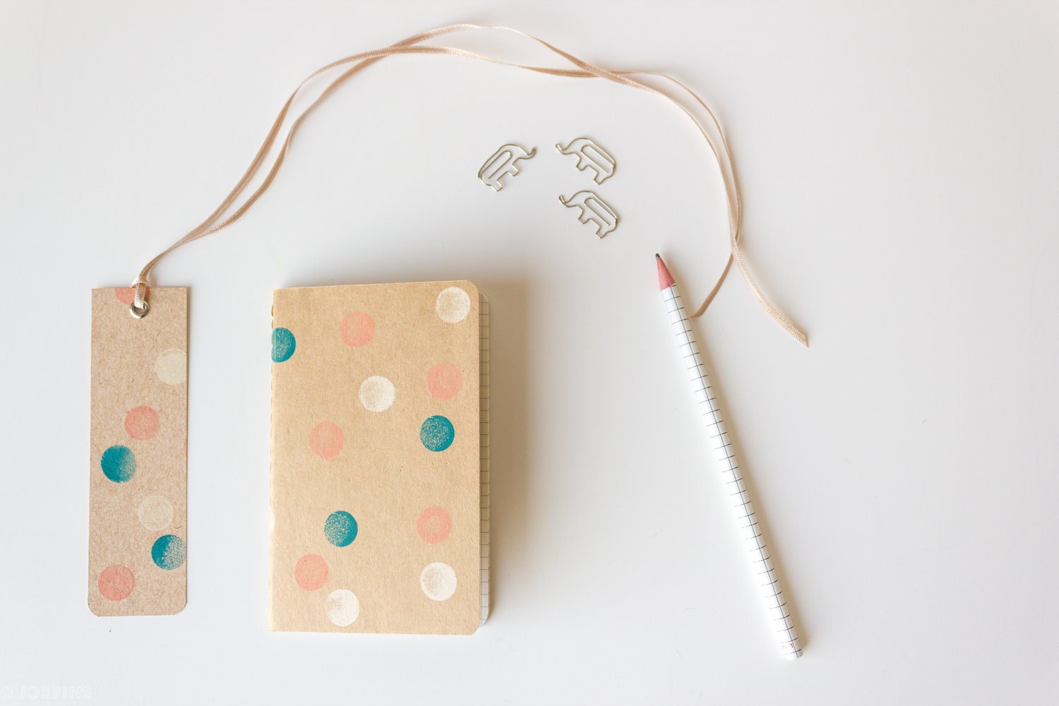 Small polkadot notebook - Hand printed dots in peach green cream - Grid moleskine and mini bookmark