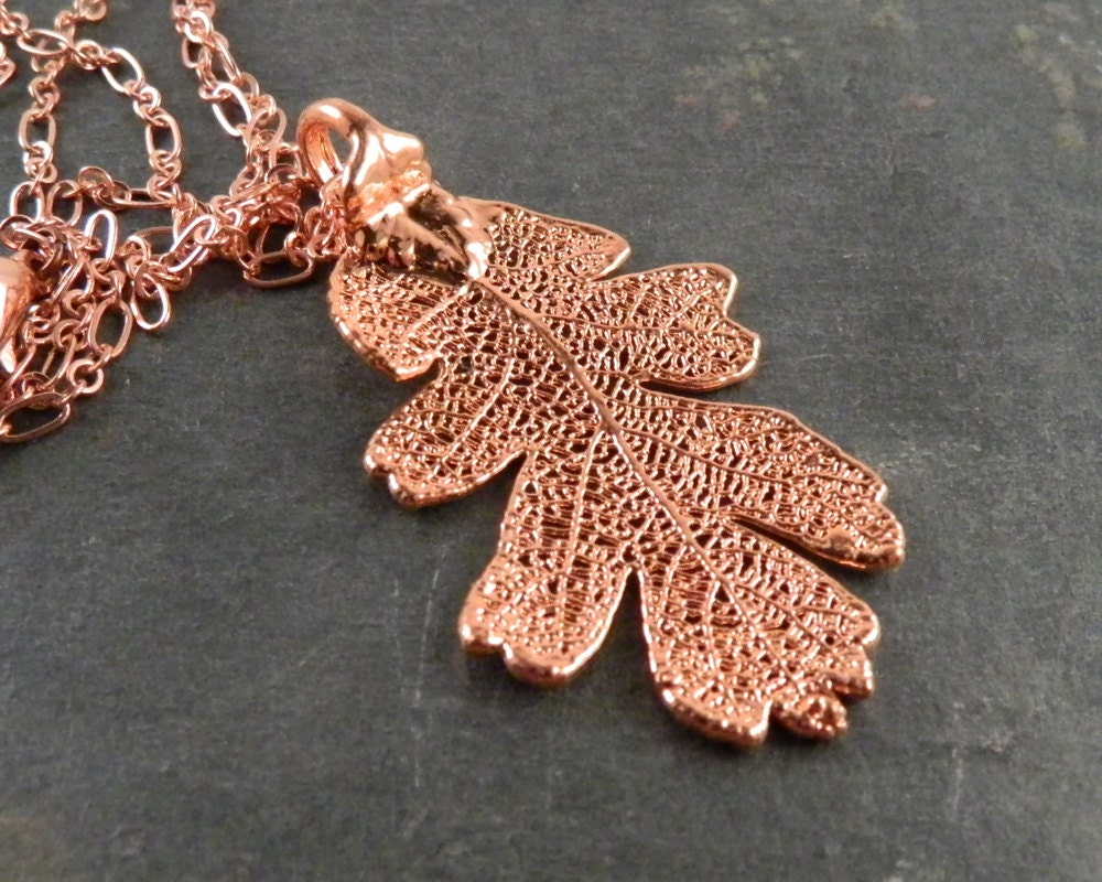 18 inch Necklace with Bright Copper Dipped Oak Leaf Pendant