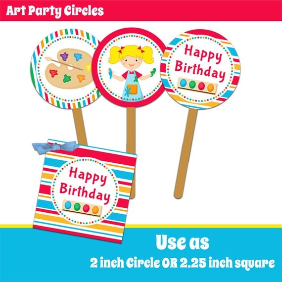 INSTANT DOWNLOAD Art Birthday Party Circles - Cupcake Topper - Sticker - Printable Il_570xn