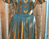 1940s vintage pleated dress grey and orange stripes with detailing