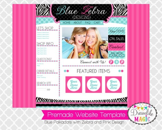 Premade Website Template: Blue Polkadots with Zebra and Pink Design Il_570xn