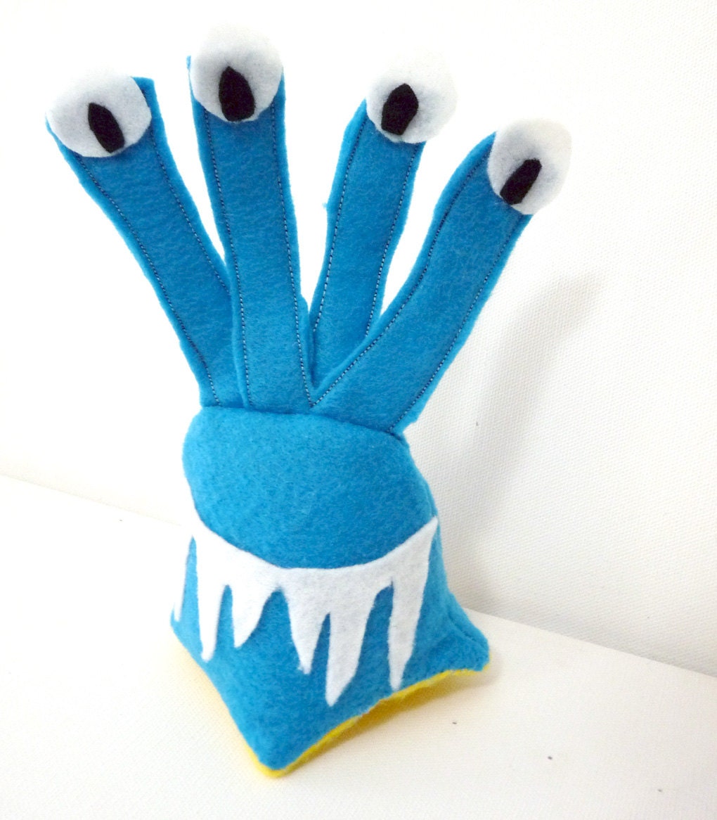 Multieyed Blue Plush Monster- Cuttle PyraPup - blue and yellow alien monster with teeth