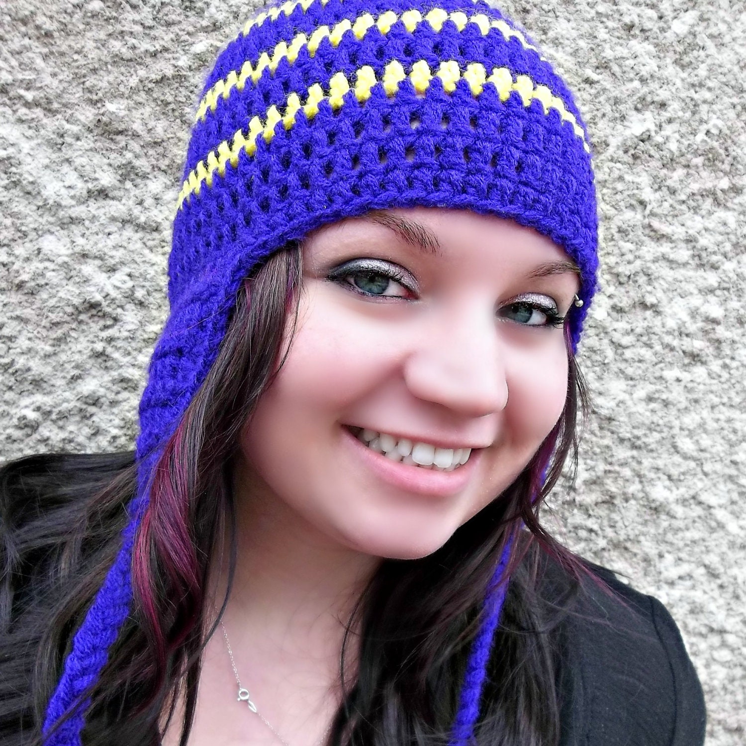 Minnesota Vikings Ear Flap Hat  - Purple , Yellow, Crocheted - SALE