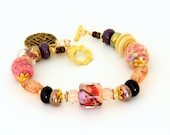 Summer Glass & Fiber Bead Bracelet. Lampwork Bead Bracelet. Boho Gypsy Jewelry. Ethnic Jewelry. Lampwork Glass Beads. Mother's Day Gifts.