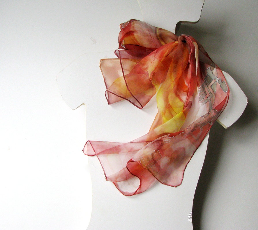 Silk scarf hand painted - chiffon silk - red and yellows 18x72 inch