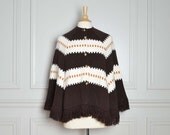 Cape Poncho Coat Sweater Ethnic Boho Woodland Overcoat Geometric Striped Knit Fringe 70s Vintage - One Size