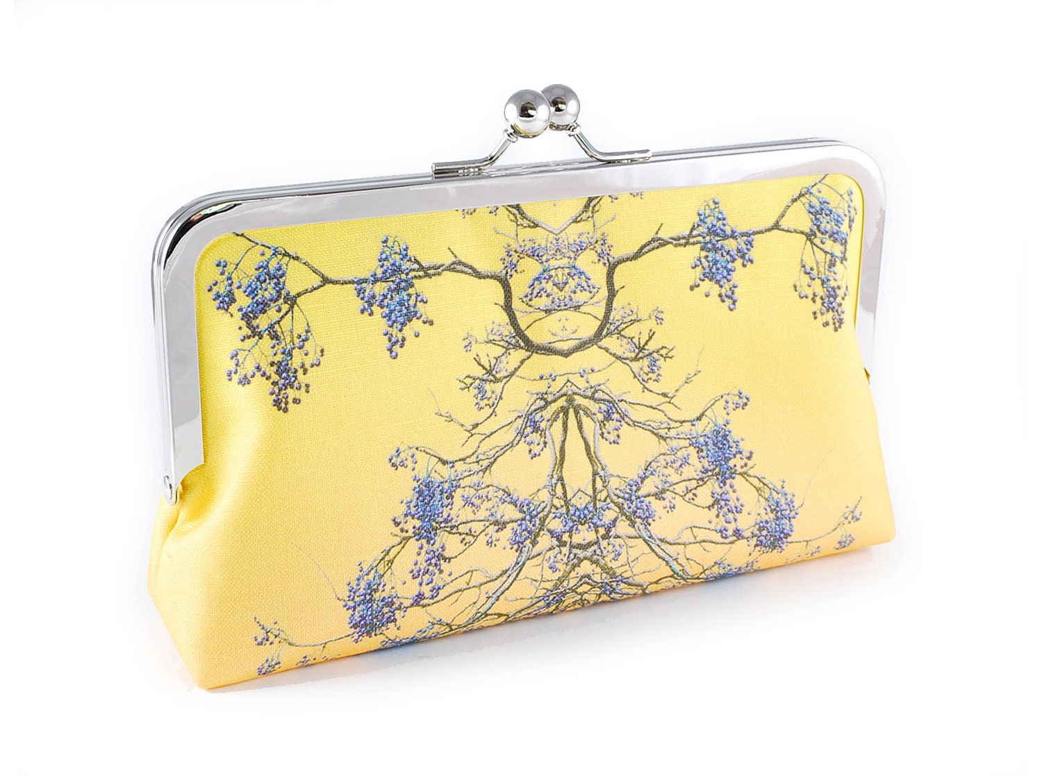 Bright yellow clutch bag with mirrored photomontage tree design and an 8 inch purse frame