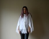 60s Cape / Knit Fringe / Flowers / White Knit Swing Sweater / Christmas Present / Small-Medium Sm med md (0-2-4-6-8)