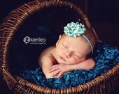 Blue and White Flower on Gray Headband - Fits Newborn to Adult - Soft and Stretchy Band Doesn't Leave Marks on Baby's Head - Photo Prop