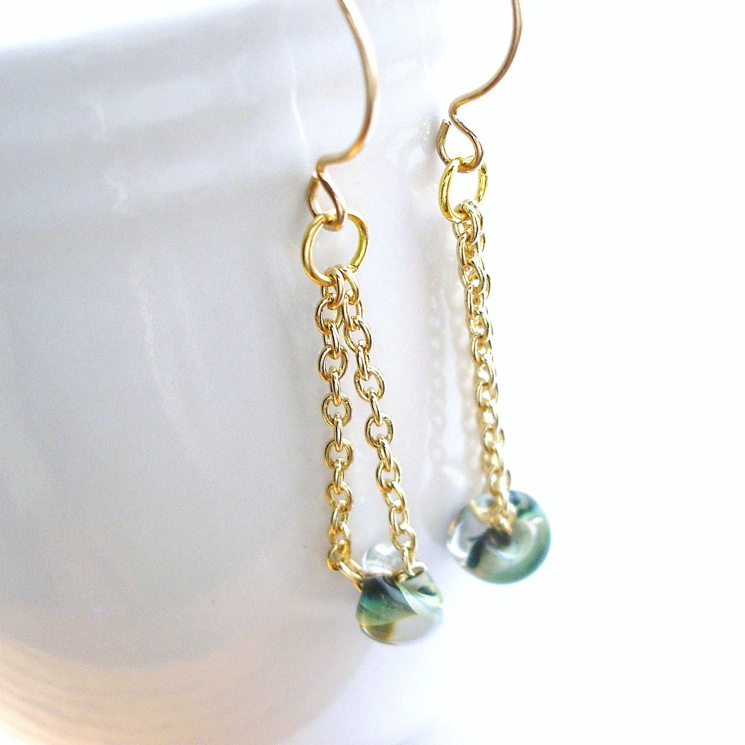 Clearance sale, Green Glass Earrings, Chain Earrings, Gold Filled Ear Wires, Lampwork Beads