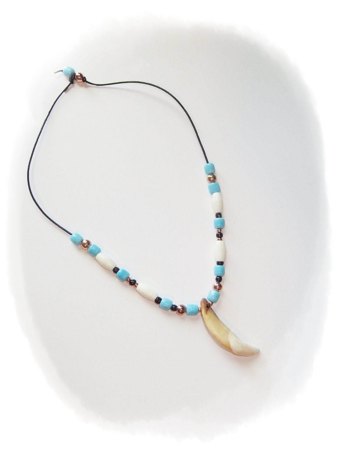 Rustic Turquoise Copper Coyote Tooth Necklace, Black Leather, Native American, Tribal, Handmade