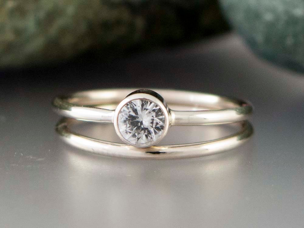 14k White Gold and White Sapphire Wedding Ring Set - Thin Engagement Ring and Wedding Band in white or yellow gold