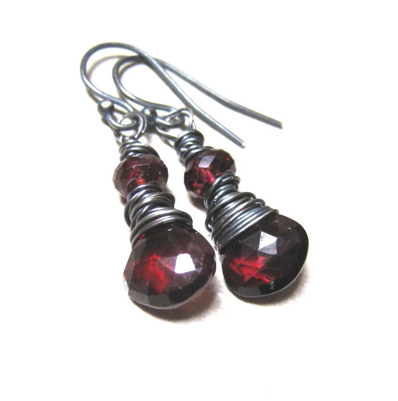 Natural Garnet Earrings AAA Mozambique Garnet Burgandy Dangle Earrings Wire Wrapped Sterling Silver January Birthstone