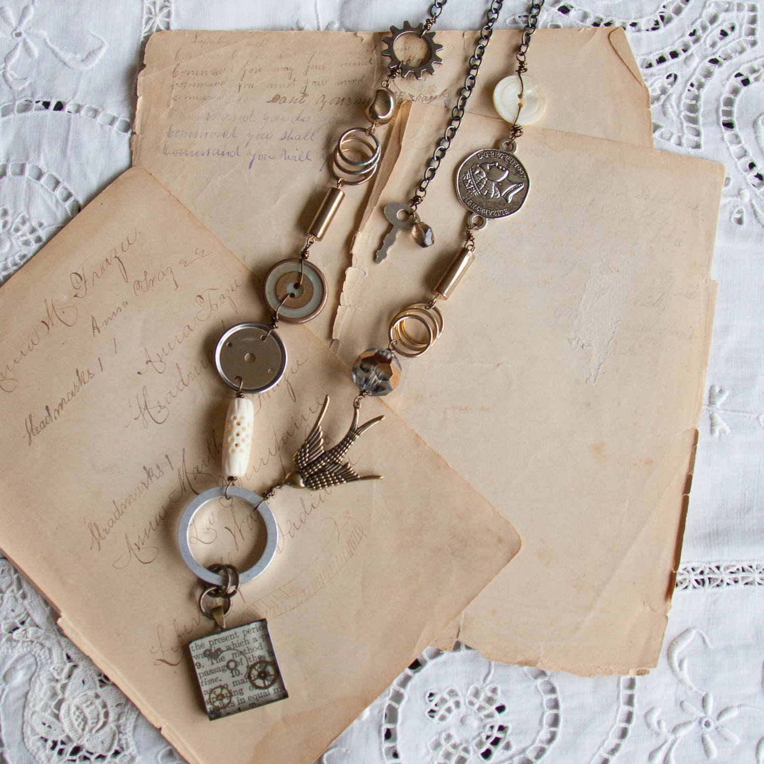 assemblage long vintage and repurposed mixed media necklace // mixed metals // present period necklace