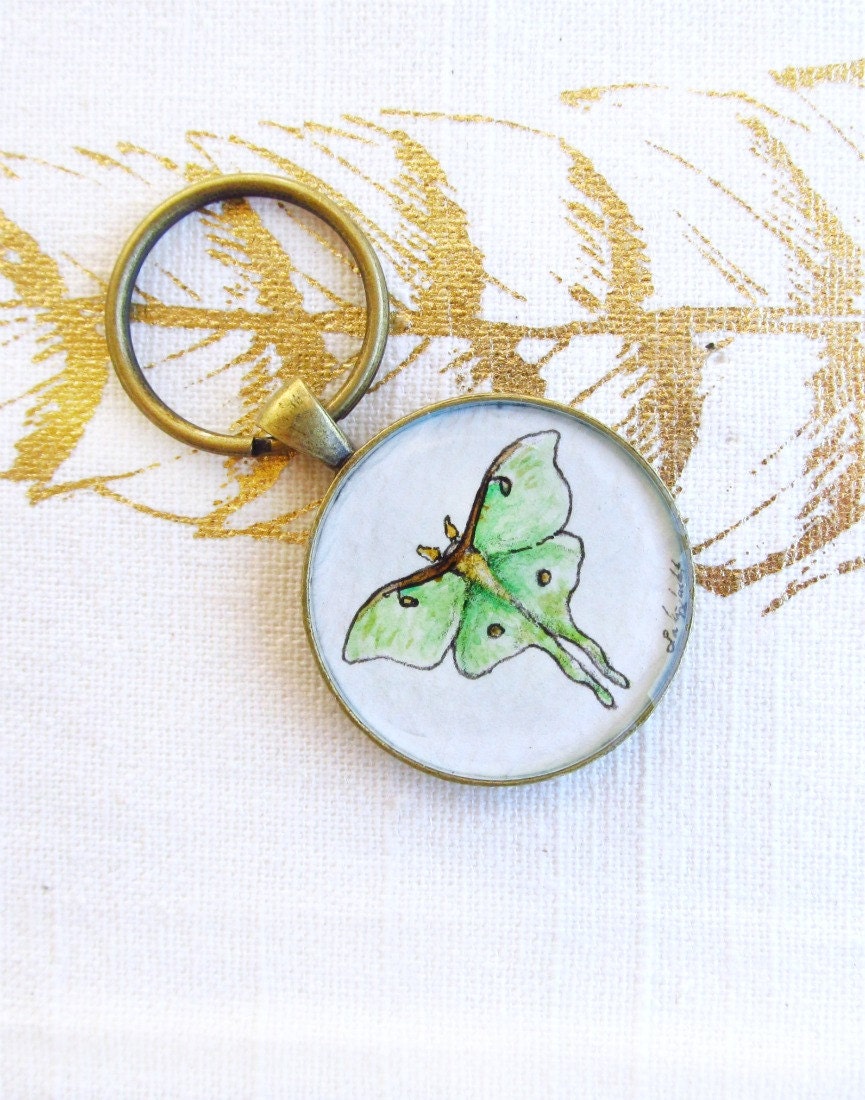 Luna Moth keychain accessory, watercolor, woodland green moth, brass key ring, ORIGINAL PAINTING