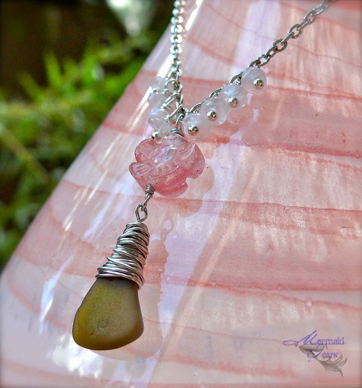 Sea Glass Jewelry from Hawaii with gemstones, Seaglass & Moonstone Necklace by Mermaid Tears